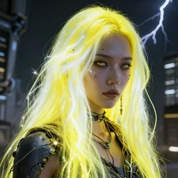 highly detailed closeup portrait of wasteland long glowing yellow and white plasma hair tribal lady, stray electric spark wiring by jean jullien, 4 k resolution, gradient yellow, black and white color scheme!!! ( ( lightning robotic city background ) )