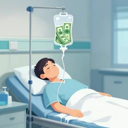a hospital patient on a drip. drip bag filled with green dollar bills, digital illustration, talented
