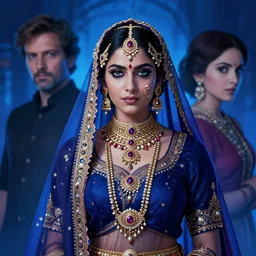 portrait of a white hindi woman wearing intricate hindu accessories and clothes by ilya kuvshinov and anna dittmann and studio ghibli and wlop and rossdraws, digital art, blue lighting, trending on artstation, anime arts, featured on pixiv, blue lighting, hd, 8 k, highly detailed, good lighting, beautiful, epic, masterpiece
