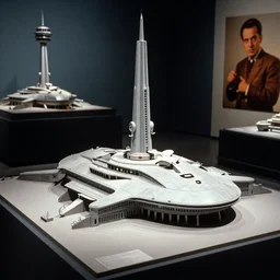Architectural model of a Soviet era science fiction set painted by James Jean, cinematography by Yo-Yo Ma, composition by Fritz Lang