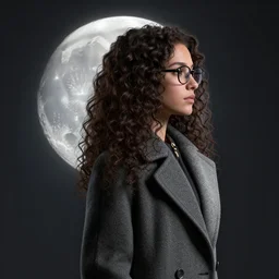 the Moon with long curly hair, wearing glasses, wearing a formal overcoat, portait photo profile picture, hyperrealistic concept art, octane render, unreal engine 5, digital art hi