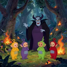 Movie frame from the coloured Disney animated motion picture released in 1937, beautiful enchanted forest full of critters, directed by Walt Disney, evil cursed Teletubbies transformers are burning down the forest, highly detailed background paintings by Thomas Kinkade