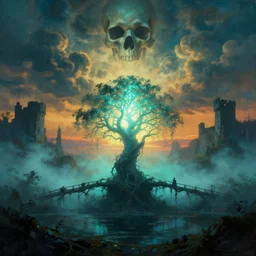 very textured post apocalyptic moody panoramic cinemascope background , sunset, cyan fog , fantasy shining tree of light and death in the middle , vine bridge silhouette over lake , castle ruins, dramatic sky , clouds in the shape of a skull,  oil painting art with strong backlight by frazetta