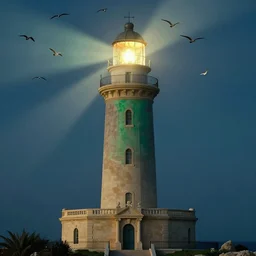 Detailed Exterior Shot of The Verdant Lighthouse of Alexandria, light of god, light shafts, flock of birds, stunning atmosphere, in Style of Peter Mohrbacher, cinematic lighting