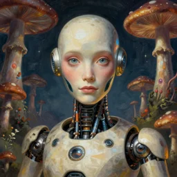 centered detailed portrait of an android on an alien planet with mushroom trees, art by jean giraud and moebius, realistic, expressive emotions, intricate textures