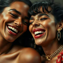 close up of a two fashion models laughing, official versace editorial, highly detailed