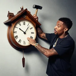 macklemore smashing a cuckoo clock with a sledge hammer