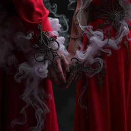 necromancer couple holding hands, by tom bagshaw and greg rutkowski, red fabric, fiber amethyst weaving into strands of smoke and brass and iron metal filigree joining into carbon fiber strands, fractal shapes, white explosions, dramatic lighting, ultra detail, close up, dof, smooth render, cinematic, octane render, art nouveau, fine art
