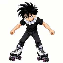 japanese goth boy, anime boy, black hair, spiky hair, upturned collar, absurd spiky hair, rollerblading, rollerskates, cel - shading, 2 0 0 1 anime, flcl, jet set radio future, golden hour, japanese town, concentrated buildings, japanese neighborhood, construction site, cel - shaded, strong shadows, vivid hues, y 2 k aesthetic