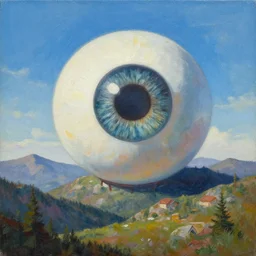 a crude painting of a giant eye ball in the sky in a mountain landscape