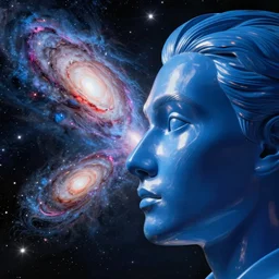 zima blue sculpture of a face looking at two galaxies colliding in space, sci-fi, high detail, light reflections, matte painting, style by syd mead, 8k, octane render, volumetric, vivid, beautiful, hyperrealism”