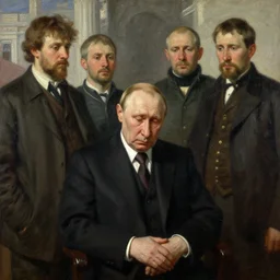 a very sad fate of imprisoned vladimir putin at his very old age. detailed painting by valentin serov victor vasnetsov and ilya repin. tretyakov gallery, moscow