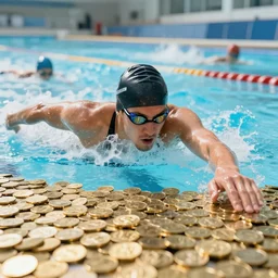 a professional swimmer swimming in gold coins, realistic, 4 k, photograph