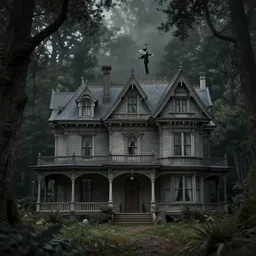 An epic photo of a gloomy Victorian mansion in dark forest with hangman by Diane Arbus and Louis Daguerre. highly detailed. 85mm, Bokeh
