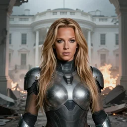 professional head shot of britney spears wearing futuristic armor in a foggy and burning ruined white house room full of debris, 8 k, very intricate, very detailed,