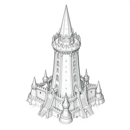 isometric view of wizard tower, lineart
