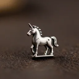 tiny shiny die - cast metal gamepiece in the shape of a unicorn, macro photography