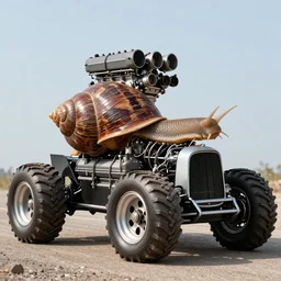 a racing snail with a big v8 engine coming out of its shell, hot rod, big off road tyres