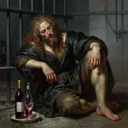 a conjured god is drunk off the wine provided in prison, digital painting masterpiece by rembrandt, michelangelo, leonardo da vinci, perfect, gorgeous, cinematic