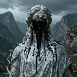 greek statue dripping black iridescent liquid by alex grey, mountains in background, geometric vines, moody, dramatic, introspective, 8 k, octane render, photorealistic, hyper detailed, transcendent, vibrant color, clean linework, finely detailed, shrouded face, veiled face, 4 k, trending on artstation, photorealistic, volumetric lighting, octane render