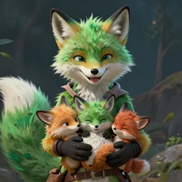 A hyper real comic book style portait painting of a smiling green fox giving birth to three youngsters, unreal 5, hyperrealistic, octane render, cosplay, RPG portrait, dynamic lighting