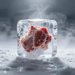 photo, front view!!!!!!!! of an ice bloc full of meat, foggy, very blurry, out of focus, white limbo