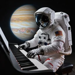 An astronaut playing piano on Jupiter. Cyberpunk digital art, very beautiful, high quality, high resolution