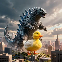 godzilla is a duck!! destroying a city, cinematic, digital art, octane, photorealistic rendering