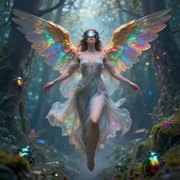 matte painting of a divine heavenly woman coming down from heaven, bokeh, shot in 7 0 mm, eyes covered with divine wings, fantasy forest, iridescent beetle, volumetric light, super colorful, by james zapata, sergey vasnev, trending on artstation, photorealistic, photography, intricate art