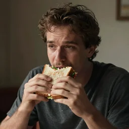 a man eating a sandwhich while looking sad, realistic photo,