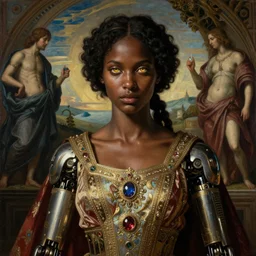 beautiful painting of a stunning young cyborg muse in ornate royal fabric, beautiful ebony  skin tone, piercing glowing eyes, sci fi scenery, mural in the style of sandro botticelli, caravaggio, albrecth durer