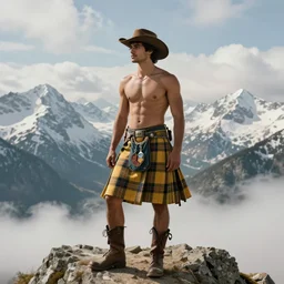 a homoerotic portrait by greg rutkowski and albert bierstadt and bill ward of a shirtless handsome desi hiker on a mountain peak | he is wearing a revealing yellow tartan kilt, cowboy hat, and leather boots | background is snowy mountains and clouds | detailed face, ethereal, dreamlike | trending on artstation