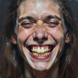 'painting by jon hale of jerma985 sus face, huge smile, disturbing, massive teeth, visible brush strokes, psychotic, long tall face