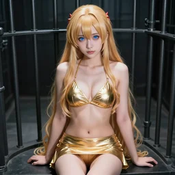 a very beautiful young yuuki asuna, full body, long wavy blond hair, sky blue eyes, full round face,, shiny golden bikini, miniskirt, front shot, sitting in a dark prison cell, highly detailed, cinematic wallpaper by stanley artgerm lau