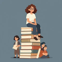 a young woman with curly brown hair and glasses sits on top of a tall pile of books. clean cel shaded vector art. shutterstock. behance hd by lois van baarle, artgerm, helen huang, by makoto shinkai and ilya kuvshinov, rossdraws, illustration, art by ilya kuvshinov