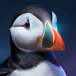 close - up cyberpunk puffin, lens, electric, neon, highly detailed, intricate, coherent, luminescent, digital painting, artstation, concept art, smooth, sharp focus, illustration, art by artgerm and greg rutkowski and alphonse mucha, 8 k