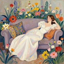 european woman in a gown laying on couch surrounded by colorful flowers, bloom flowers, modern, eclectic, illustration, by ramon casas