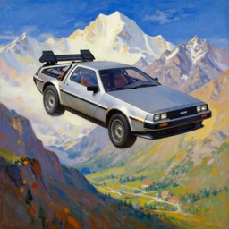 delorean car flying above altai mountains, beautiful painting by roerich, colorful, highly detailed, epic composition