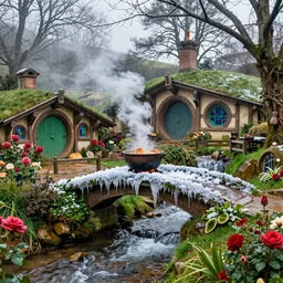 spring festival at medieval hobbit village, ornate, beautiful, atmosphere, vibe, mist, smoke, fire, chimney, rain, wet, pristine, puddles, waterfall, melting, dripping, snow, creek, lush, ice, bridge, stew, loaves, green, stained glass, forest, roses, flowers, color page, 4 k, rembrandt