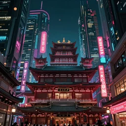 futuristic chinatown view, shintoism temple, 4 k remaster extremely detailed cinematic movie still from blade runner 2 0 4 9 asia, skyscrapers with chinese pagodas, neon signs, cyberpunk, cinematic light, by artgerm, cyber noir, bokeh, denis villeneuve, rich colors, night