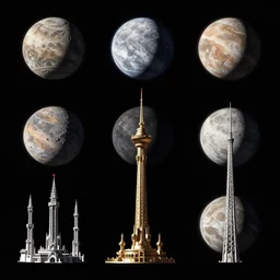 list of ancient stations, cosmic weapons, colossal space constructions and engineered artificial moons on a black solid background, no text
