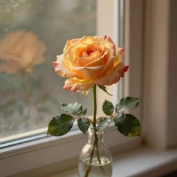 The rose is placed in a vase on a windowsill. The light from the window casts a warm, golden glow on the petals of the rose, making them appear illuminated. The colors in the painting are soft and muted, giving the overall impression of a tranquil scene. Trending on artstation, in the style of famous painter.