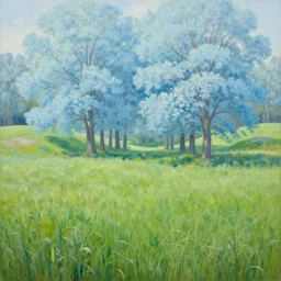 A beautiful, very highly detailed oil painting of a huge field with tall, green grass and lots of huge trees with very light blue leaves, in a valley surrounded by small hills, green and light blue color scheme, by Greg Rutkowski.