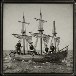 tintype of four 19th century sailors stranded at sea in a small rowboat, photorealistic