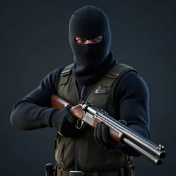bandit with balaclava holding shotgun, dark photo, beautiful details, hdr, octane render