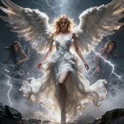 character design by james jean, ruan jia, ilya kuvshinov, martine johanna, jakub rebelka ( ( ( portrait of sexy angel in seductive luxurious flowy cloudy dress ) ) ) emerging from lighting and powerful thunder, sharp edges. ultra detailed, majestic, intricate,