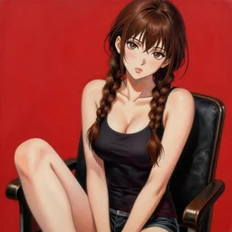 sexy girl with braided brown hair, wearing a tanktop, and sitting in a chair, highly detailed, painting, red and black color palette, intricate, high quality anime artstyle, in the style of ilya kuvshinov