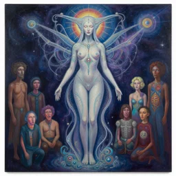 a beautiful painting of a feminine cosmic dmt entity of the upper planes by mynameistran and artgerm and wlop and loish and alex grey and wlop and wes anderson and spike jonze, trending on artstation, full body, intricate details, ego death
