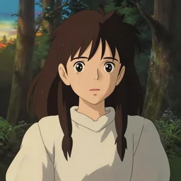 portrait bust of koharu kusumi, forest background, long brown hair, cloth, princess mononoke, 4 k, greg rutkowski, high detail, dramatic lighting, sunset, hayao miyazaki, masashi ando, nizou yamamoto, kazuo oga, joe hisaishi, yoji takeshige, naoya tanaka