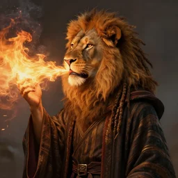 an anthropomorphic beautiful male wizard made of lion portrait blowing fire wearing stripes robe, dreadlock breed hair, fine art, award winning, intricate, elegant, sharp focus, octane render, hyperrealistic, cinematic lighting, highly detailed, digital painting, 8 k concept art, art by jamie hewlett and z. w. gu, masterpiece, trending on artstation, 8 k